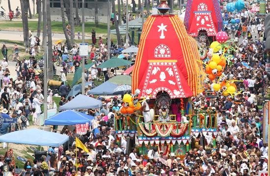 Thousands of International Society for Krishna consciousness (ISKCON) devotees and community members helped pull three 40-foot-tall floats along the Venice Boardwalk to the Ocean Front Walk Plaza at Windward Avenue in Venice for the 34th annual Festival of the Chariots on Sunday